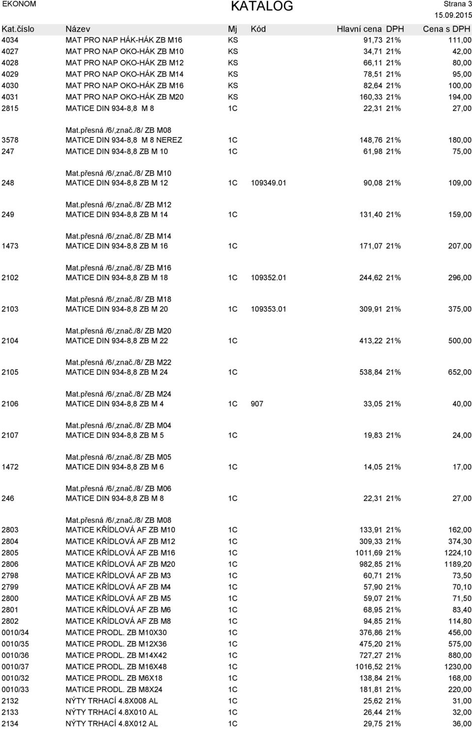 /8/ ZB M08 3578 MATICE DIN 934-8,8 M 8 NEREZ 1C 148,76 21% 18 247 MATICE DIN 934-8,8 ZB M 10 1C 61,98 21% 75,00 Mat.přesná /6/,znač./8/ ZB M10 248 MATICE DIN 934-8,8 ZB M 12 1C 109349.