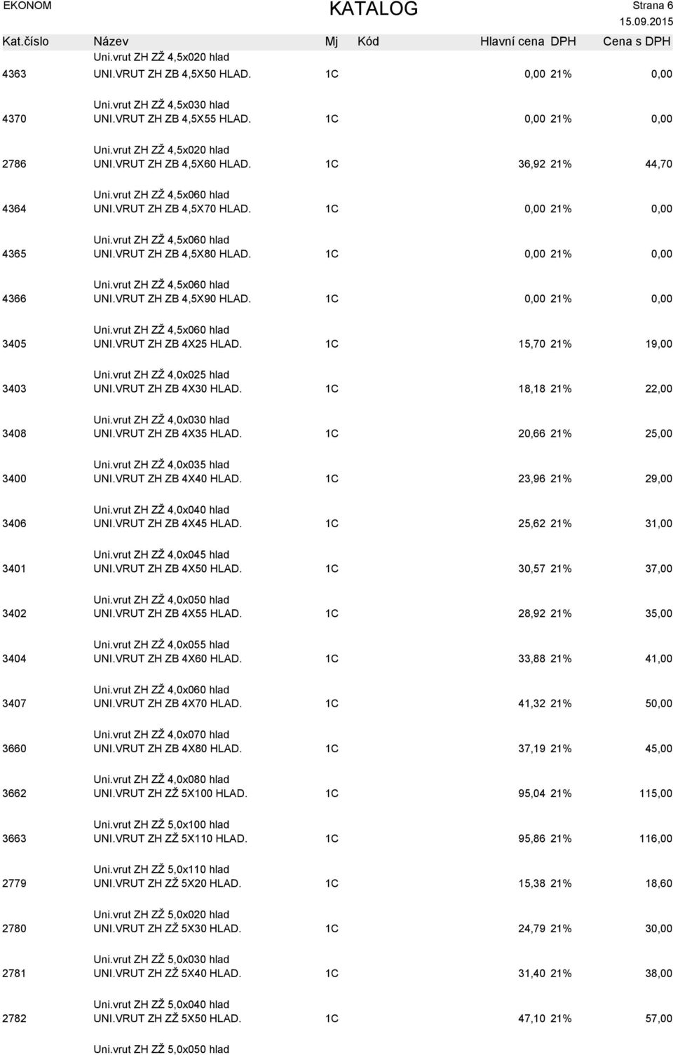 VRUT ZH ZB 4,5X90 HLAD. 1C 21% Uni.vrut ZH ZŽ 4,5x060 hlad 3405 UNI.VRUT ZH ZB 4X25 HLAD. 1C 15,70 21% 19,00 Uni.vrut ZH ZŽ 4,0x025 hlad 3403 UNI.VRUT ZH ZB 4X30 HLAD. 1C 18,18 21% 22,00 Uni.