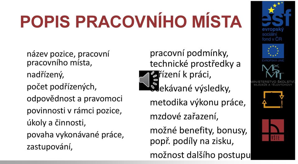 zastupování, pracovní podmínky, technické prostředky a zařízení k práci, očekávané výsledky,