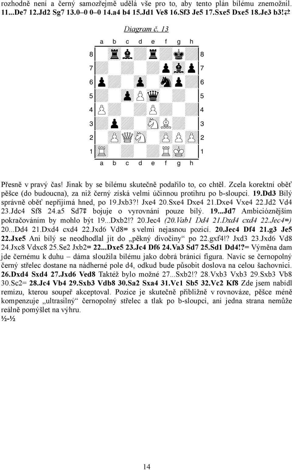 Zcela korektní oběť pěšce (do budoucna), za niž černý získá velmi účinnou protihru po b-sloupci. 19.Dd3 Bílý správně oběť nepřijímá hned, po 19.Jxb3?! Jxe4 20.Sxe4 Dxe4 21.Dxe4 Vxe4 22.Jd2 Vd4 23.