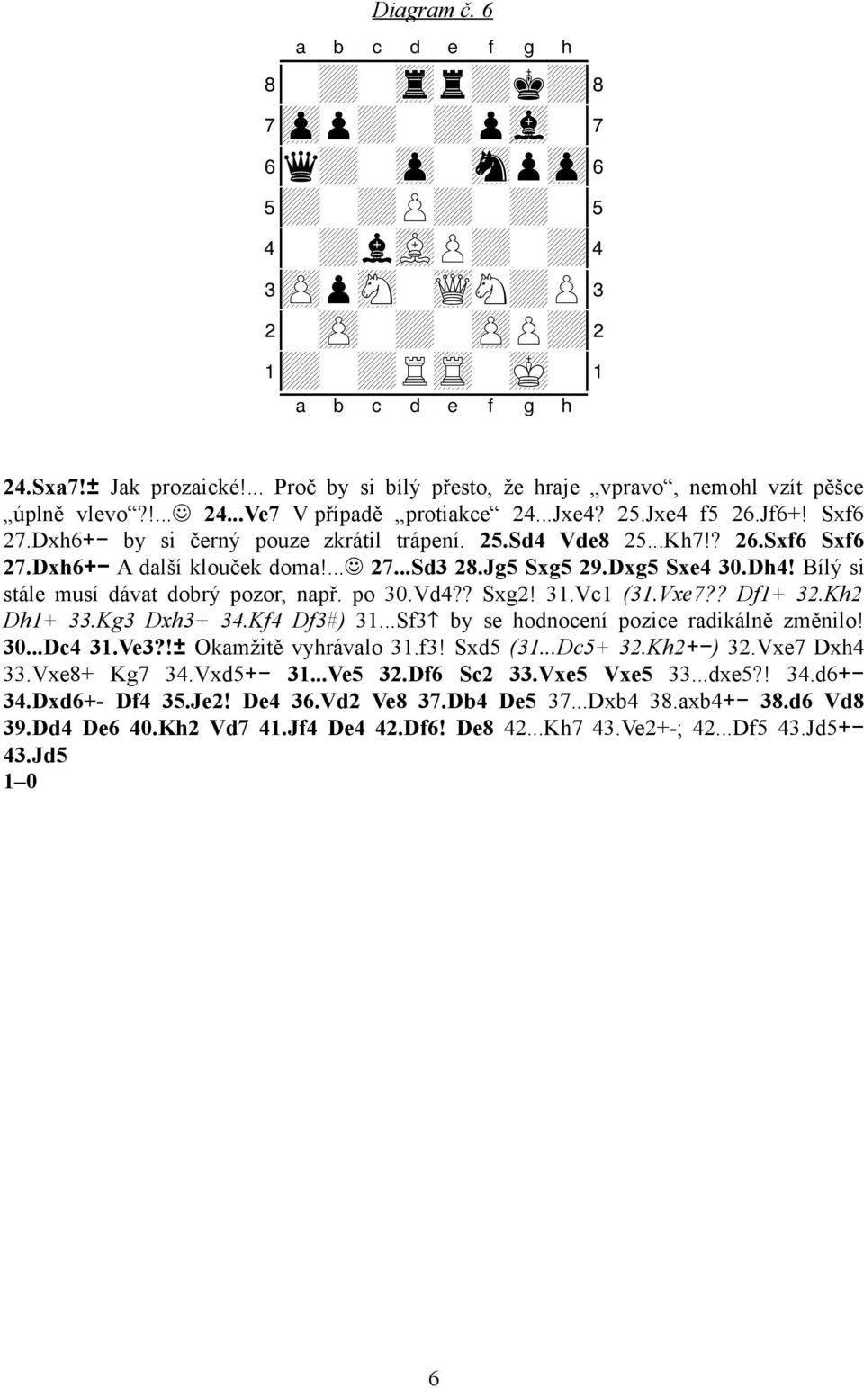 ..Kh7!? 26.Sxf6 Sxf6 27.Dxh6+- A další klouček doma!... 27...Sd3 28.Jg5 Sxg5 29.Dxg5 Sxe4 30.Dh4! Bílý si stále musí dávat dobrý pozor, např. po 30.Vd4?? Sxg2! 31.Vc1 (31.Vxe7?? Df1+ 32.Kh2 Dh1+ 33.
