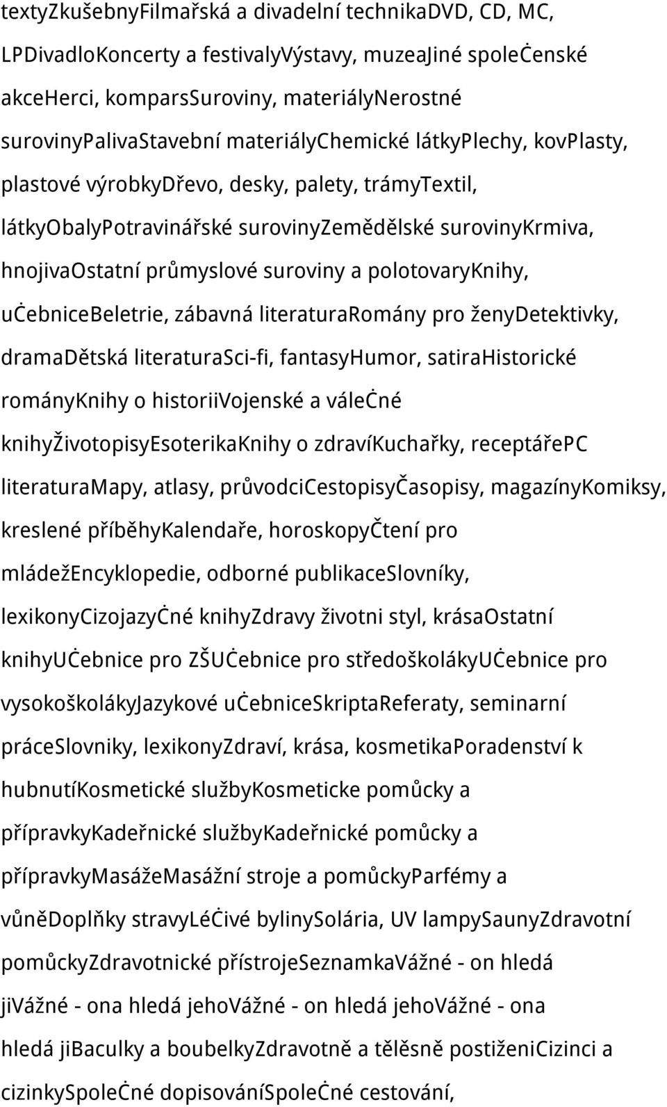polotovaryknihy, učebnicebeletrie, zábavná literaturaromány pro ženydetektivky, dramadětská literaturasci-fi, fantasyhumor, satirahistorické rományknihy o historiivojenské a válečné
