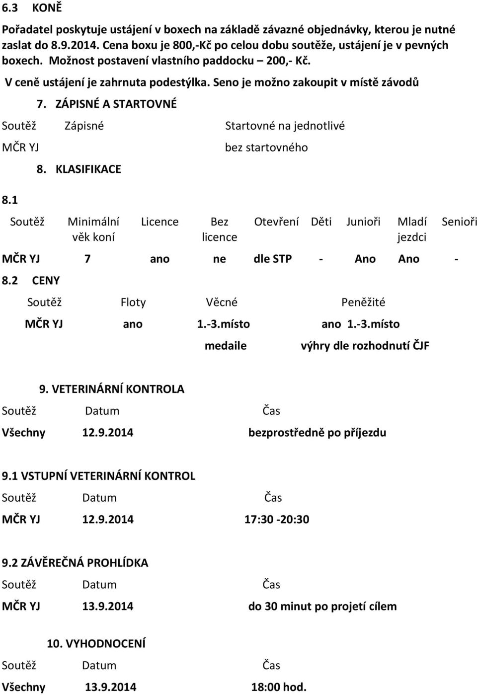 KLASIFIKACE Minimální věk koní Licence Bez licence bez startovného Otevření Děti Junioři Mladí jezdci 7 ano ne dle STP - Ano Ano - 8.2 CENY Soutěž Floty Věcné Peněžité ano 1.-3.