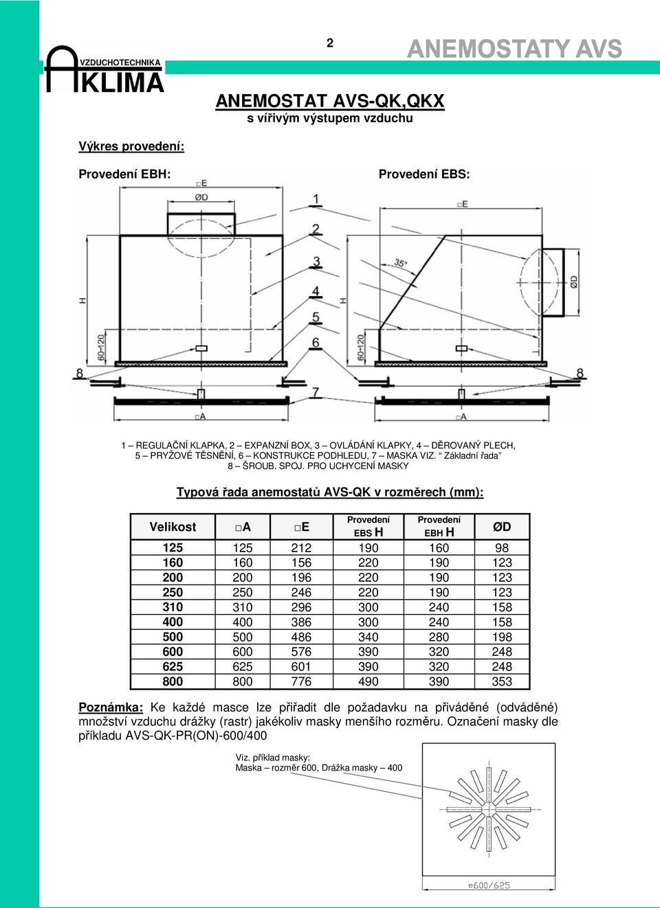 PRO UCHYCENÍ MASKY Typová řada anemostatů AVS-QK v rozměrech (mm): Velikost A E Provedení EBS H Provedení EBH H ØD 125 125 212 190 160 98 160 160 156 220 190 123 200 200 196 220 190 123 250 250 246
