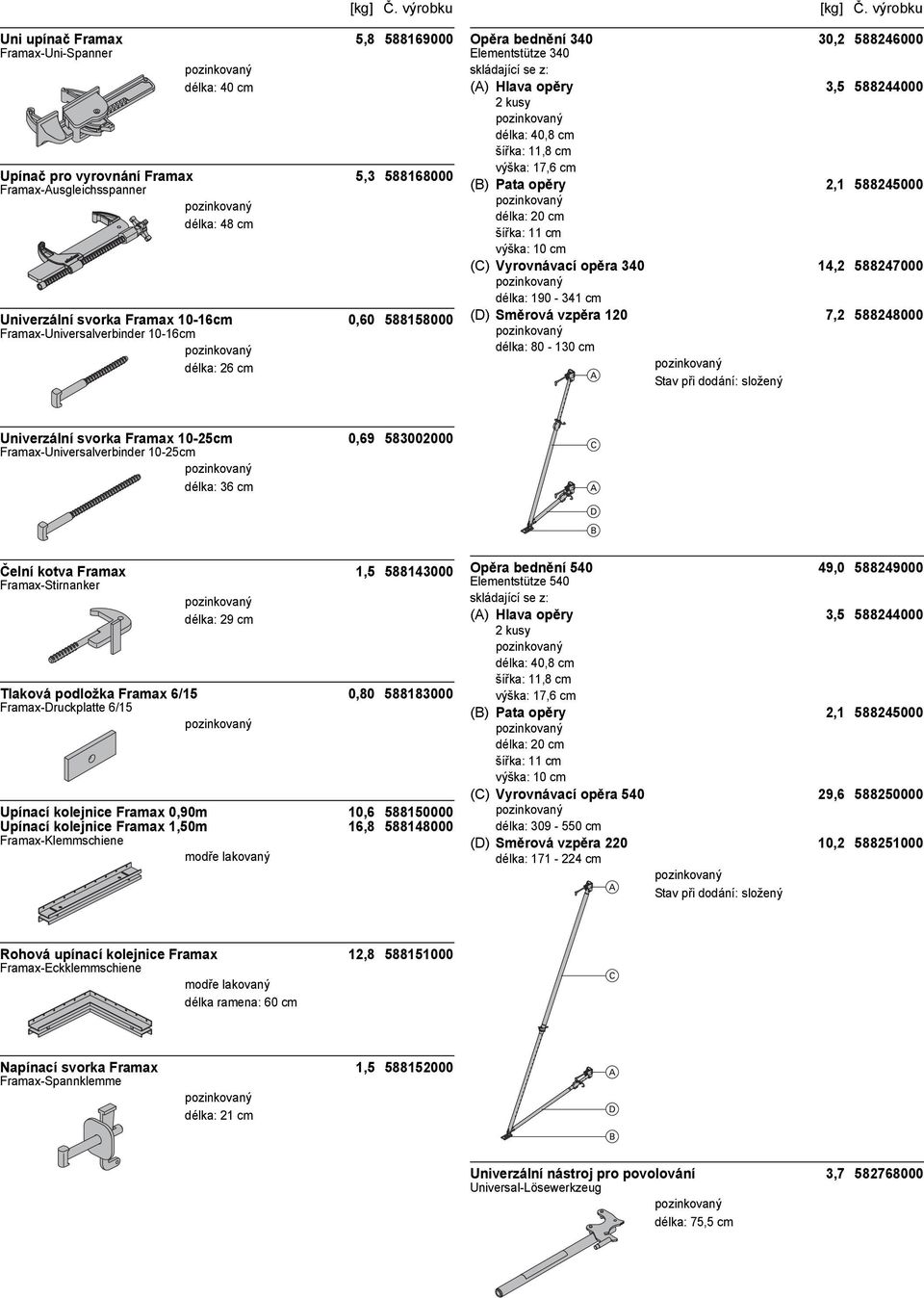 (B) Pata opěry 2,1 588245000 šířka: 11 cm výška: 10 cm (C) Vyrovnávací opěra 340 14,2 588247000 délka: 190-341 cm (D) Směrová vzpěra 120 7,2 588248000 délka: 80-130 cm Univerzální svorka Framax