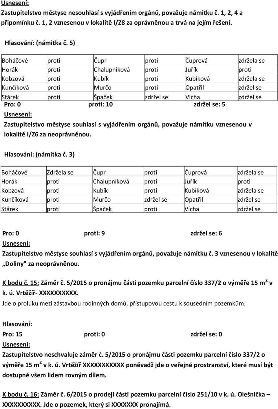 Špaček zdržel se Vícha zdržel se Pro: 0 proti: 10 zdržel se: 5 Zastupitelstvo městyse souhlasí s vyjádřením orgánů, považuje námitku vznesenou v lokalitě I/Z6 za neoprávněnou. (námitka č.