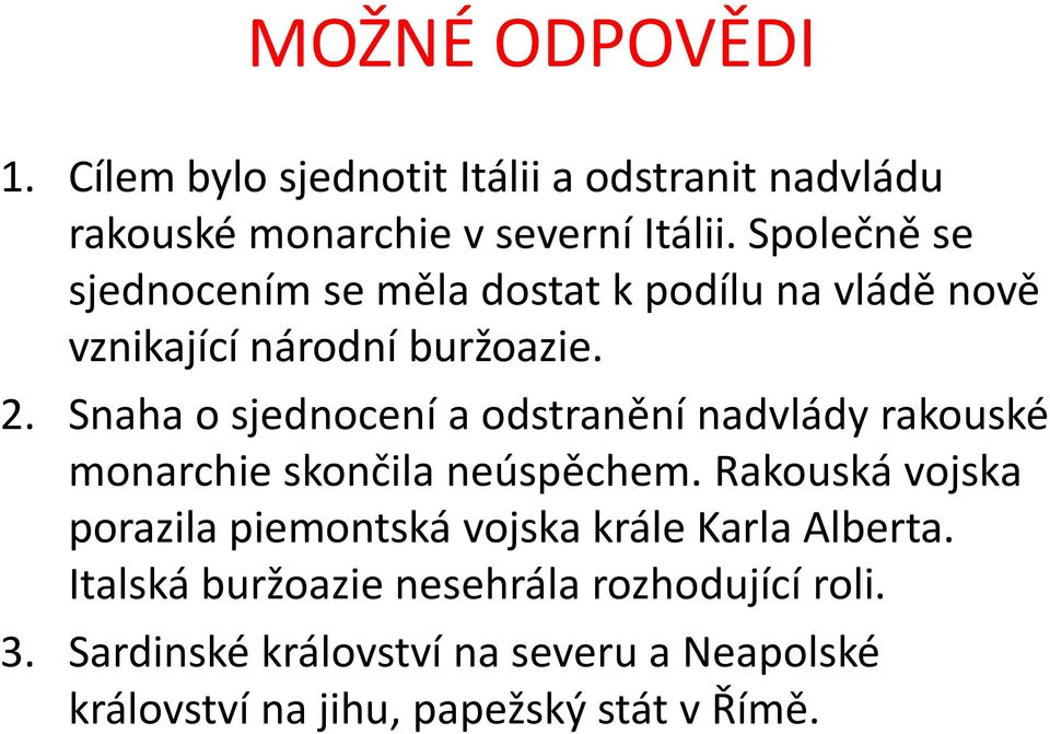 Snaha o sjednocení a odstranění nadvlády rakouské monarchie skončila neúspěchem.