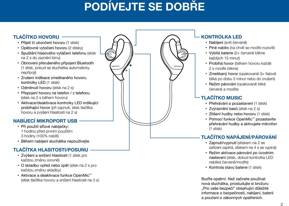 telefonu (stisk na 2 s během hovoru) Aktivace/deaktivace kontrolky LED indikující probíhající hovor (při zapnutí, stisk tlačítka hovoru a zvýšení hlasitosti na 2 s) NABÍJECÍ MIKROPORT USB Při použití