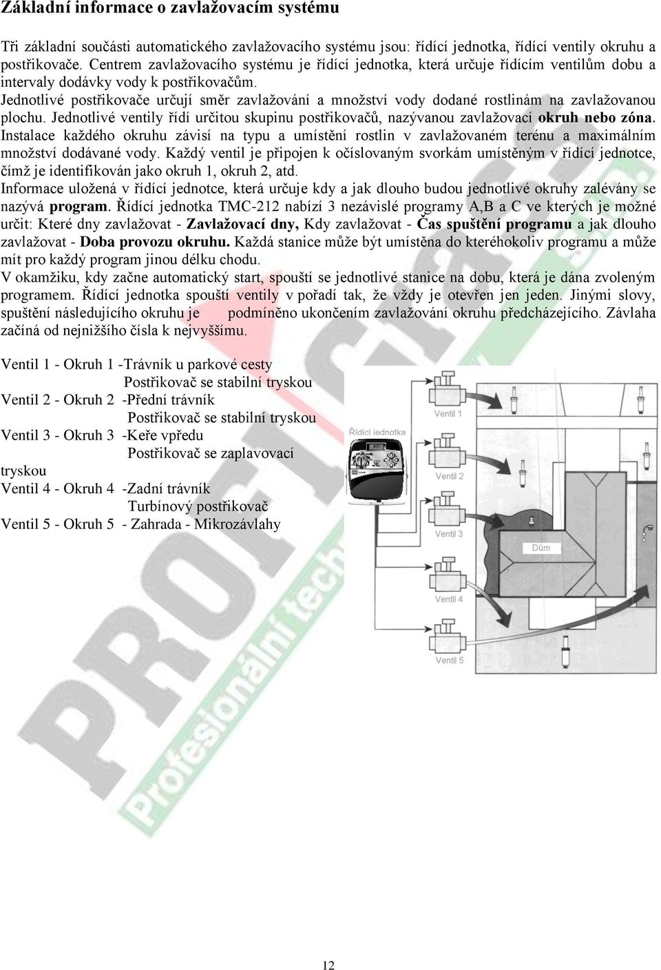 Jednotlivé postřikovače určují směr zavlažování a množství vody dodané rostlinám na zavlažovanou plochu. Jednotlivé ventily řídí určitou skupinu postřikovačů, nazývanou zavlažovací okruh nebo zóna.