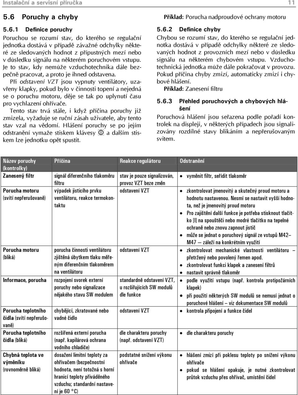 1 Definice poruchy Poruchou se rozumí stav, do kterého se regulační jednotka dostává v případě závažné odchylky některé ze sledovaných hodnot z přípustných mezí nebo v důsledku signálu na některém