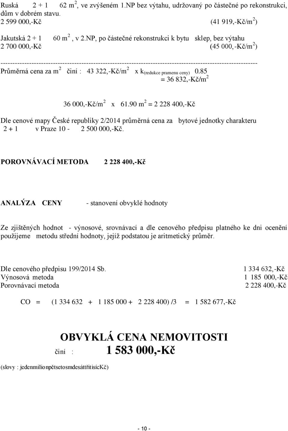 Průměrná cena za m 2 činí : 43 322,-Kč/m 2 x k (redukce pramenu ceny) 0.85 = 36 832,-Kč/m 2 36 000,-Kč/m 2 x 61.