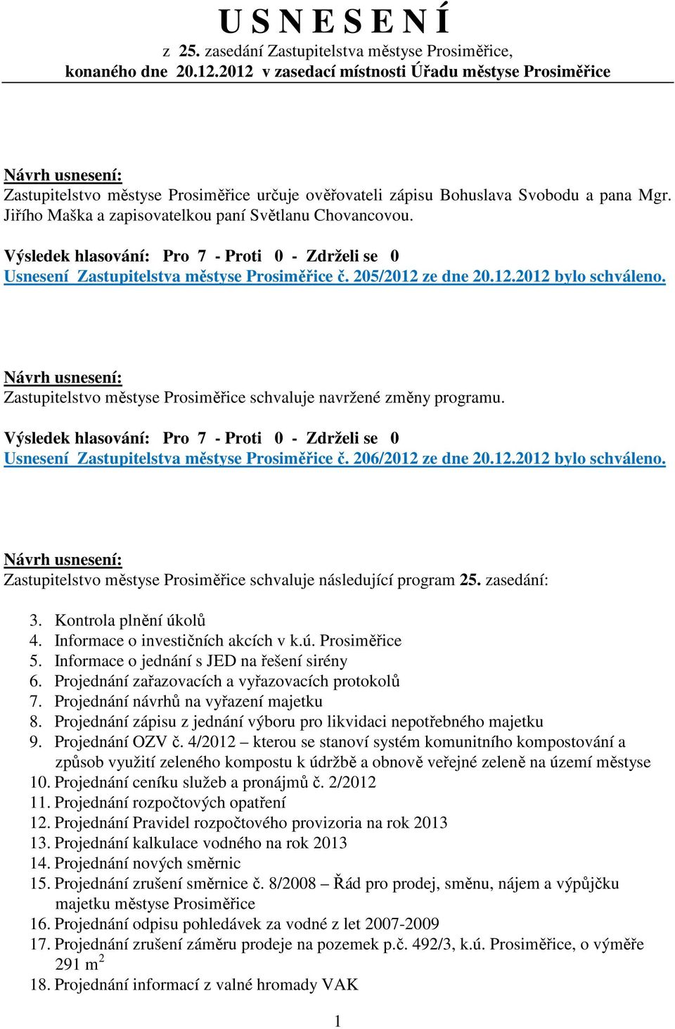 Usnesení Zastupitelstva městyse Prosiměřice č. 205/2012 ze dne 20.12.2012 bylo schváleno. Zastupitelstvo městyse Prosiměřice schvaluje navržené změny programu.