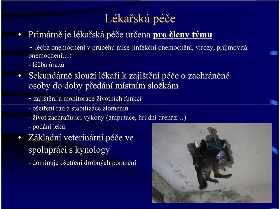 místním složkám - zajištění a monitorace životních funkcí - ošetření ran a stabilizace zlomenin - život zachraňující výkony