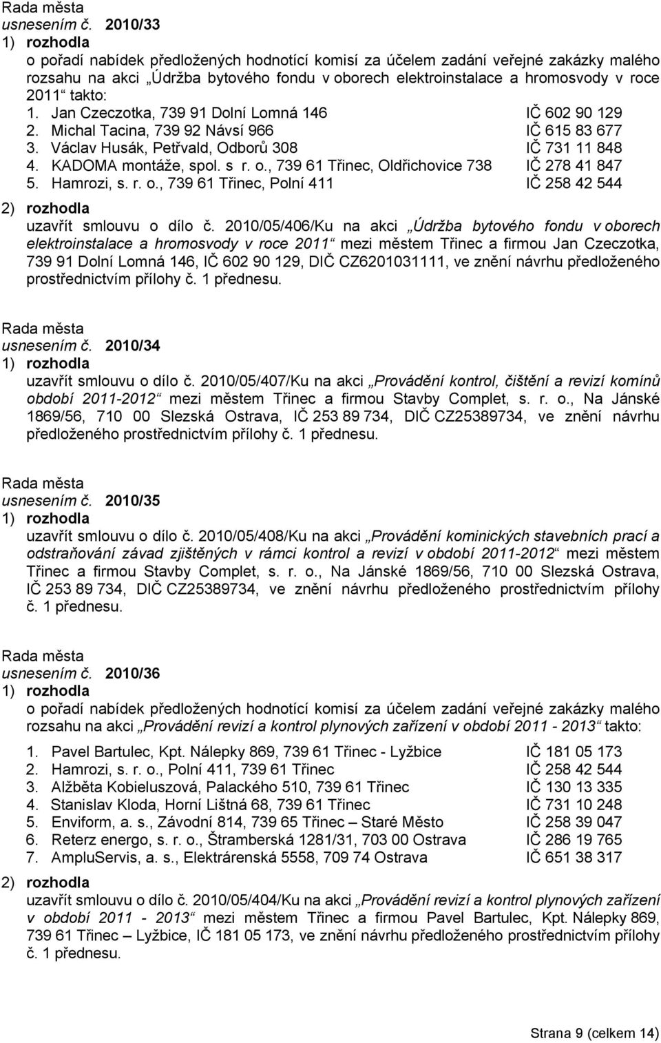 Jan Czeczotka, 739 91 Dolní Lomná 146 IČ 602 90 129 2. Michal Tacina, 739 92 Návsí 966 IČ 615 83 677 3. Václav Husák, Petřvald, Odborů 308 IČ 731 11 848 4. KADOMA montáže, spol. s r. o.