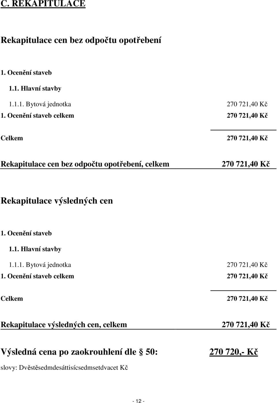 výsledných cen 1. Ocenění staveb 1.1. Hlavní stavby 1.1.1. Bytová jednotka 270 721,40 Kč 1.