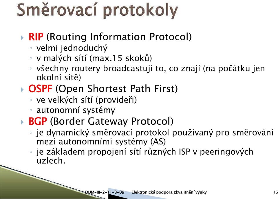 Path First) ve velkých sítí (provideři) autonomní systémy BGP (Border Gateway Protocol) je dynamický