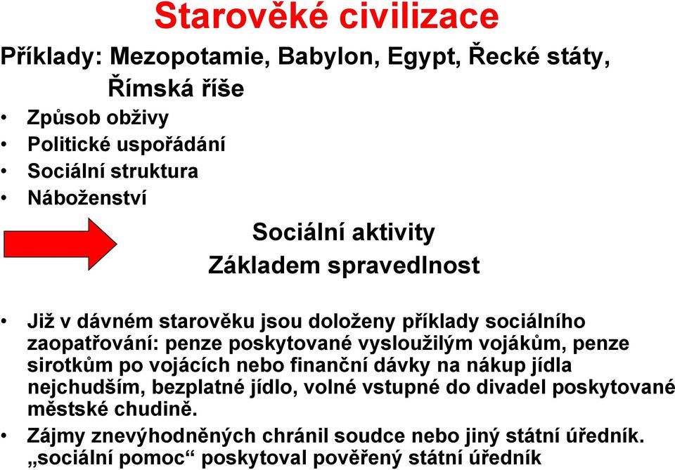 poskytované vyslouţilým vojákům, penze sirotkům po vojácích nebo finanční dávky na nákup jídla nejchudším, bezplatné jídlo, volné vstupné