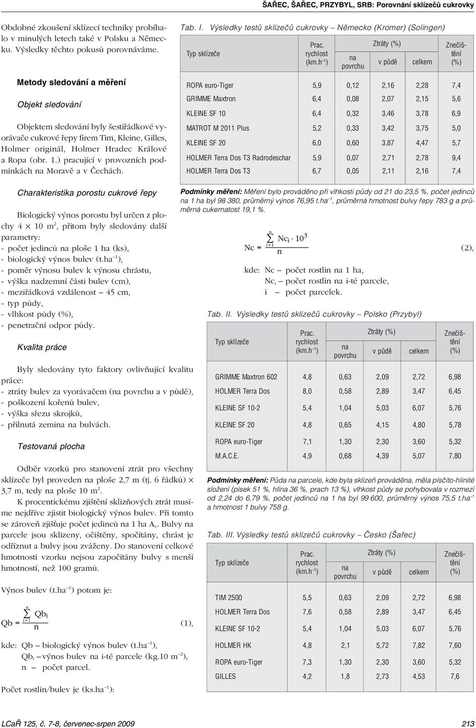 . pracující v provozních podmínkách Moravì a v Èechách. Tab. I. Výsledky testù sklízeèù cukrovky Nìmecko (Kromer (Solingen ( km.