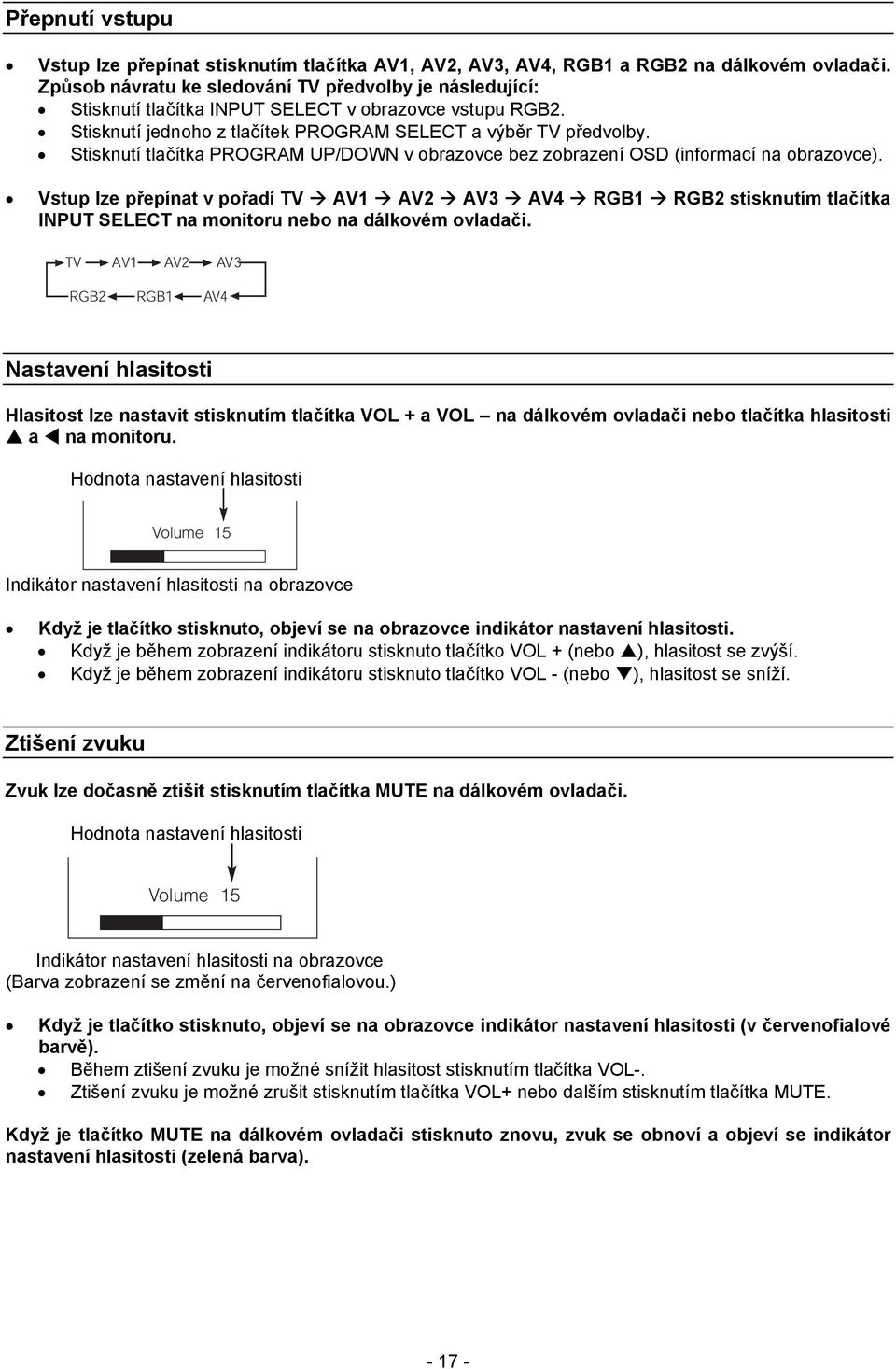 Stisknutí tlačítka PROGRAM UP/DOWN v obrazovce bez zobrazení OSD (informací na obrazovce).