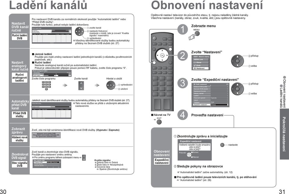 Kvalita Zastaveno nastavte frekvenci (nastavte v místě, kde je úroveň Kvalita signálu maximální) vyhledávání Všechny identifi kované služby budou automaticky přidány na Seznam služeb (str.