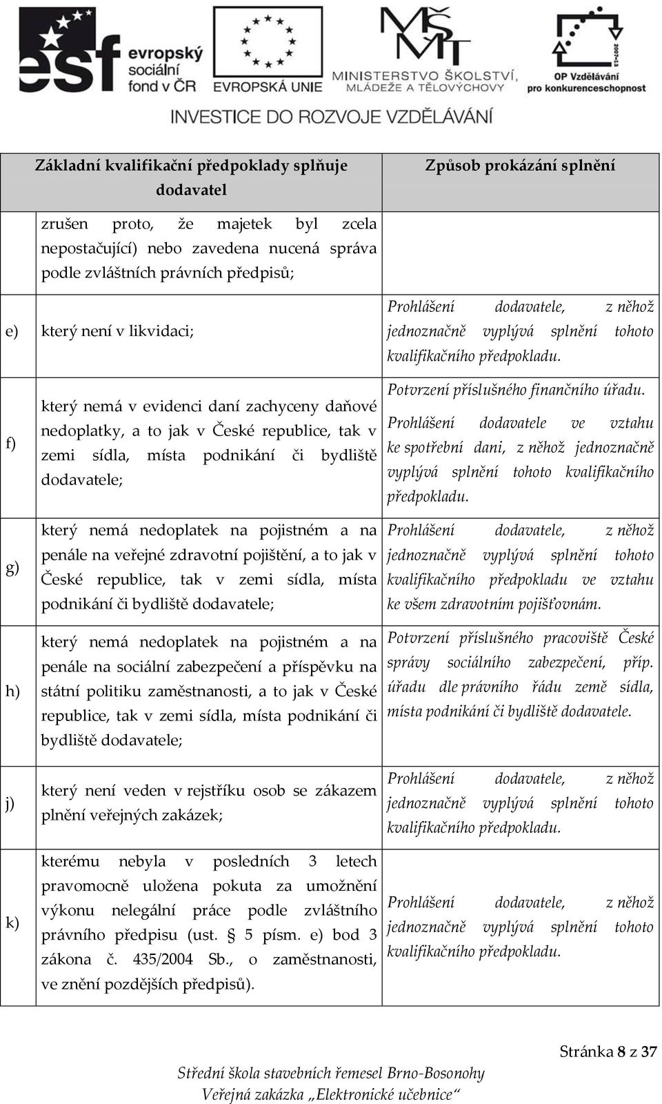 f) g) h) j) k) který nemá v evidenci daní zachyceny daňové nedoplatky, a to jak v České republice, tak v zemi sídla, místa podnikání či bydliště dodavatele; který nemá nedoplatek na pojistném a na