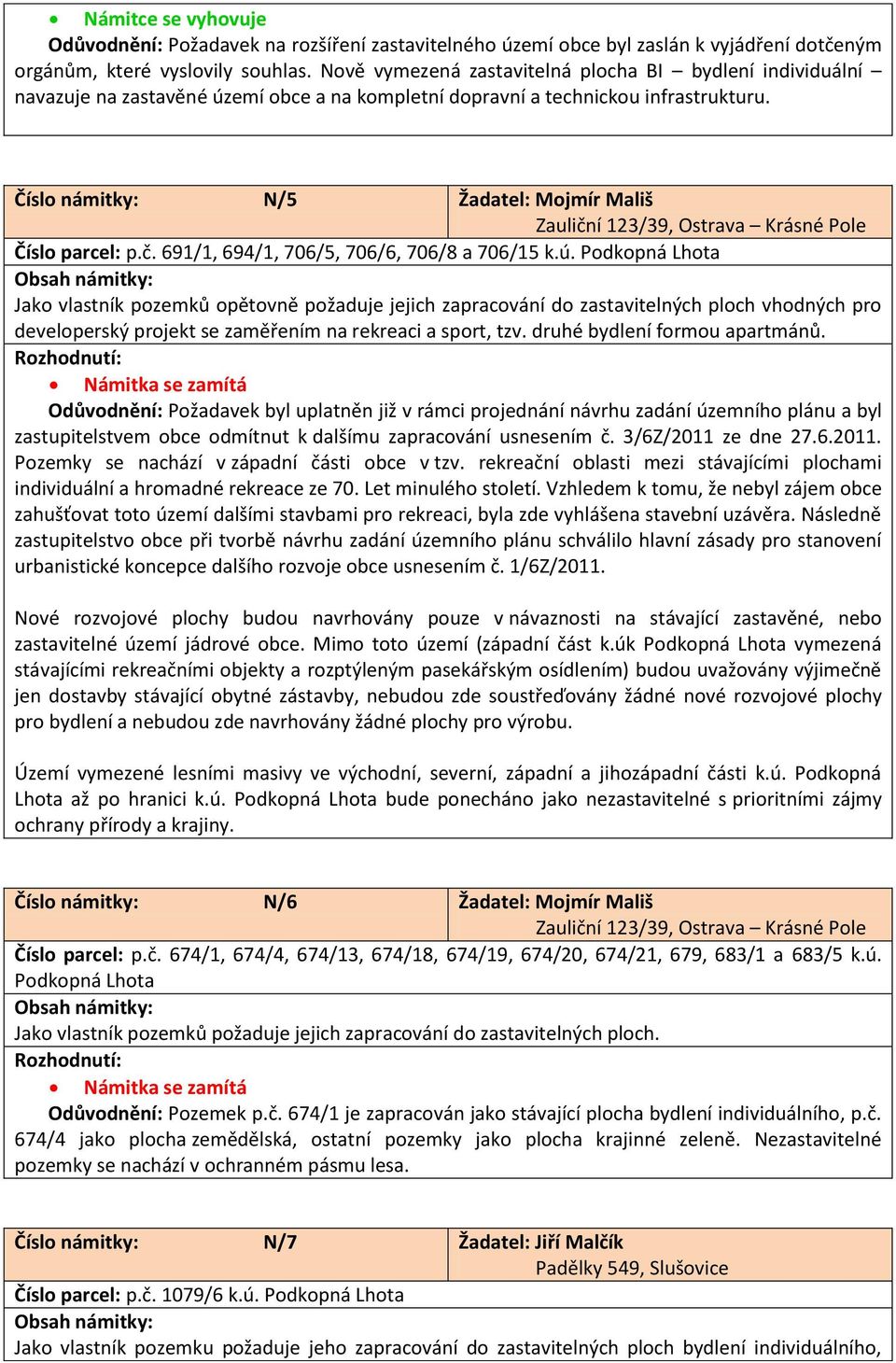 Číslo námitky: N/5 Žadatel: Mojmír Mališ Zauliční 123/39, Ostrava Krásné Pole Číslo parcel: p.č. 691/1, 694/1, 706/5, 706/6, 706/8 a 706/15 k.ú.