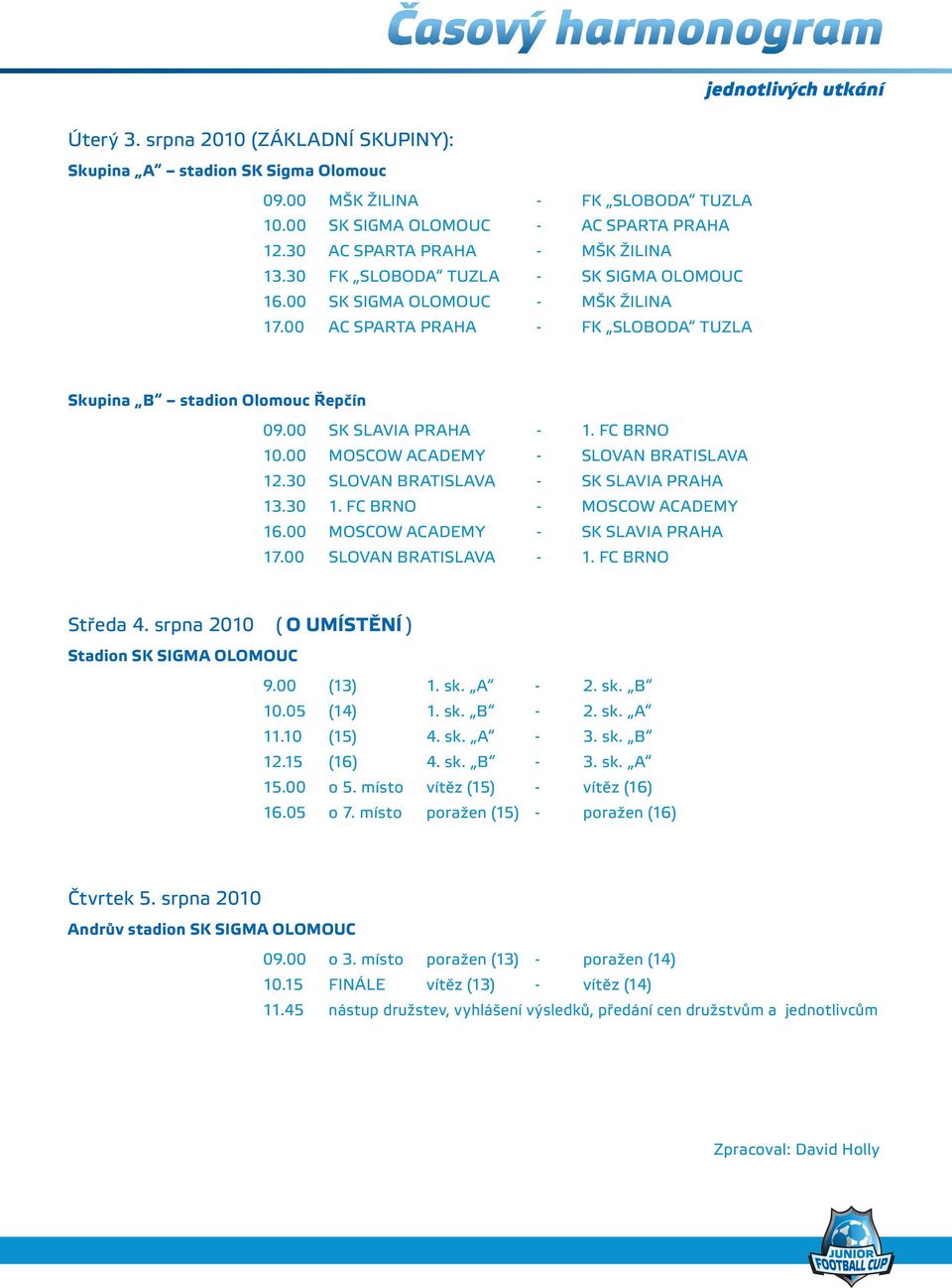 00 MOSCOW ACADEMY - SLOVAN BRATISLAVA 12.30 SLOVAN BRATISLAVA - SK SLAVIA 13.30 1. FC BRNO - MOSCOW ACADEMY 16.00 MOSCOW ACADEMY - SK SLAVIA 17.00 SLOVAN BRATISLAVA - 1. FC BRNO Středa 4.