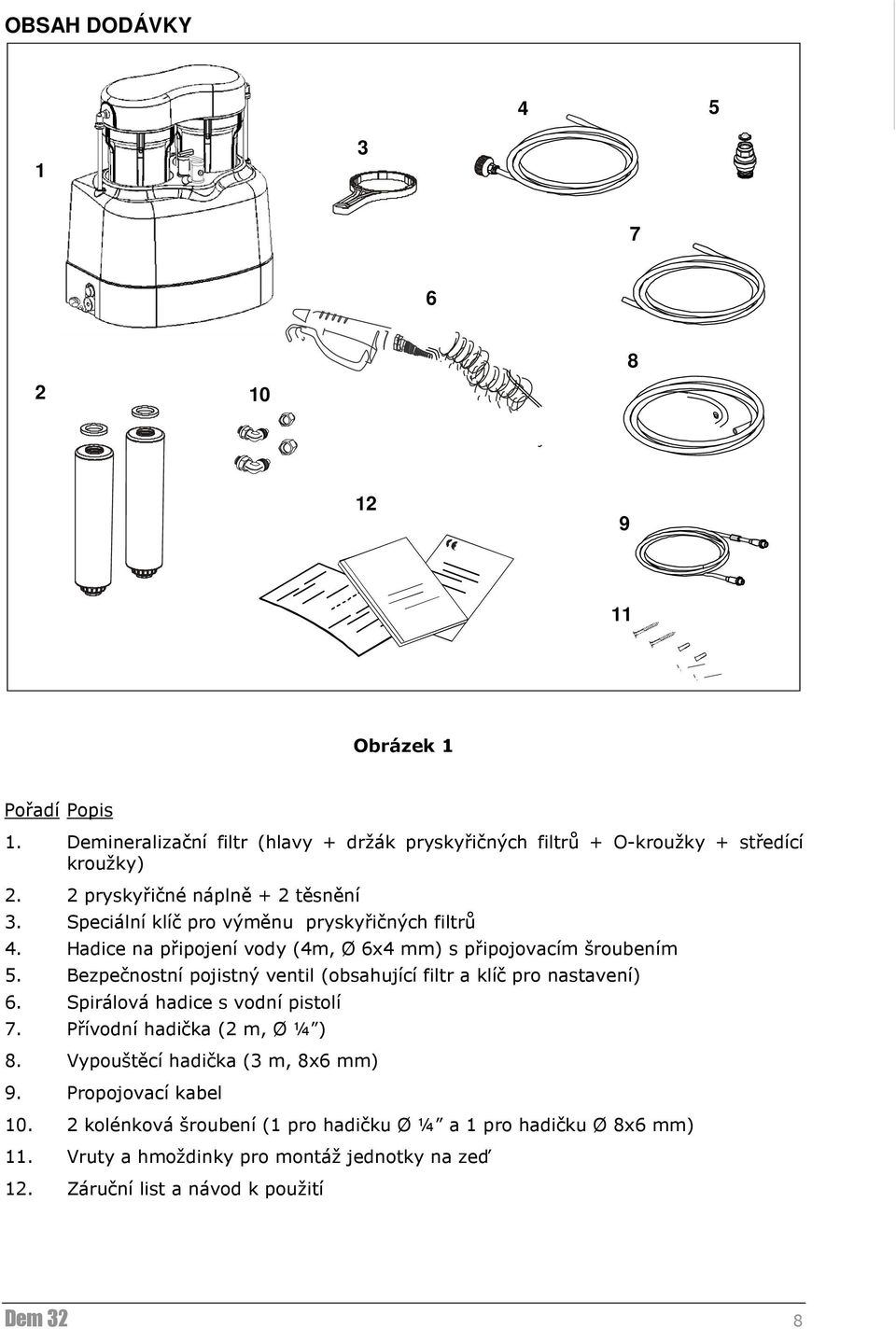 Bezpečnostní pojistný ventil (obsaující filtr a klíč pro nastavení) 6. Spirálová adice s vodní pistolí 7. Přívodní adička (2 m, Ø ¼ ) 8.