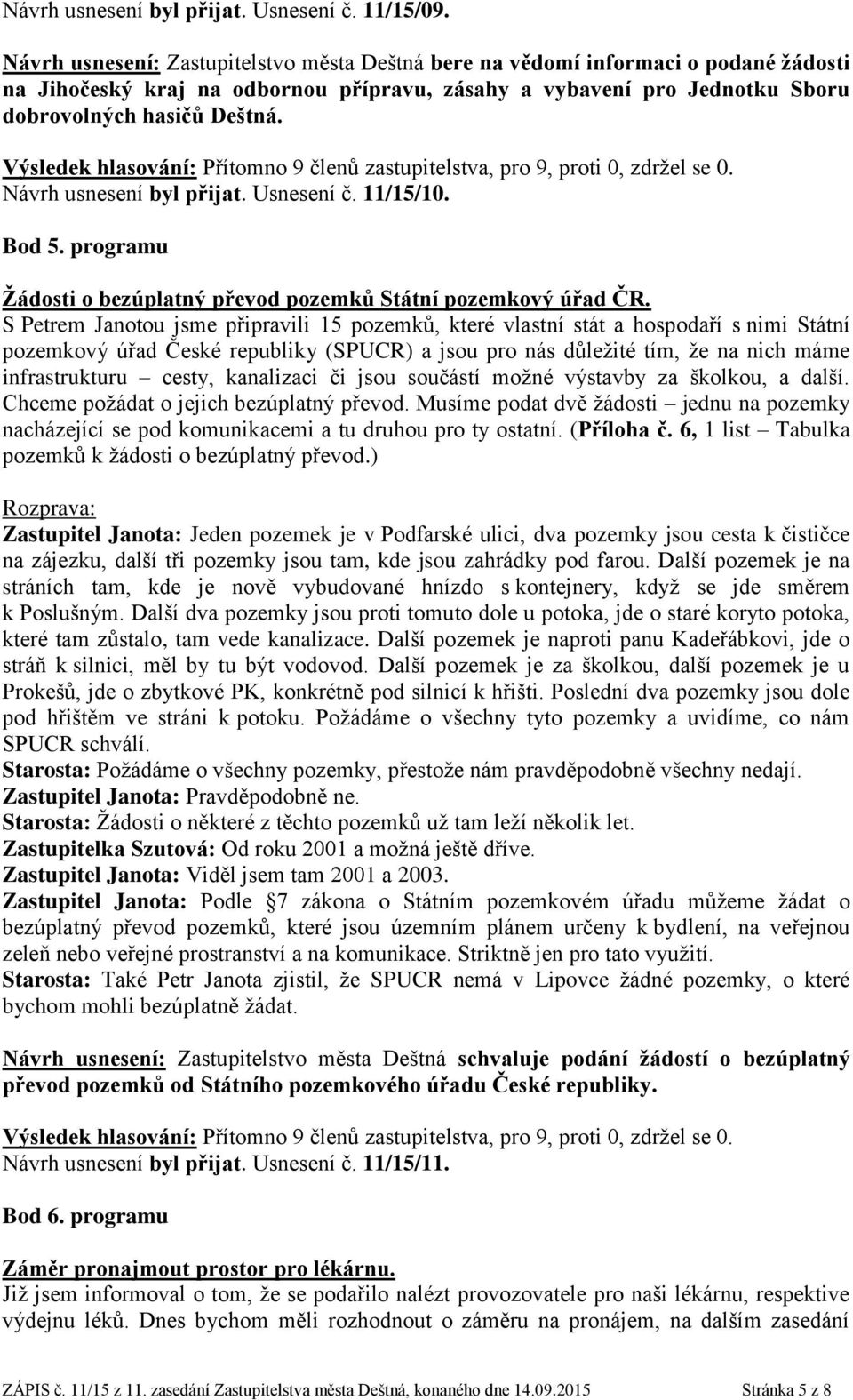 Návrh usnesení byl přijat. Usnesení č. 11/15/10. Bod 5. programu Žádosti o bezúplatný převod pozemků Státní pozemkový úřad ČR.