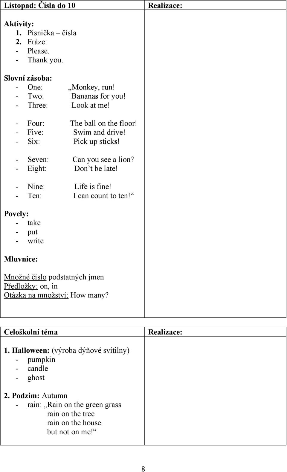 - Ten: I can count to ten! - take - put - write Množné číslo podstatných jmen Předložky: on, in Otázka na množství: How many? Celoškolní téma 1.