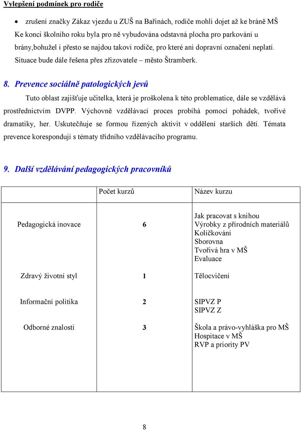 Prevence sociálně patologických jevů Tuto oblast zajišťuje učitelka, která je proškolena k této problematice, dále se vzdělává prostřednictvím DVPP.