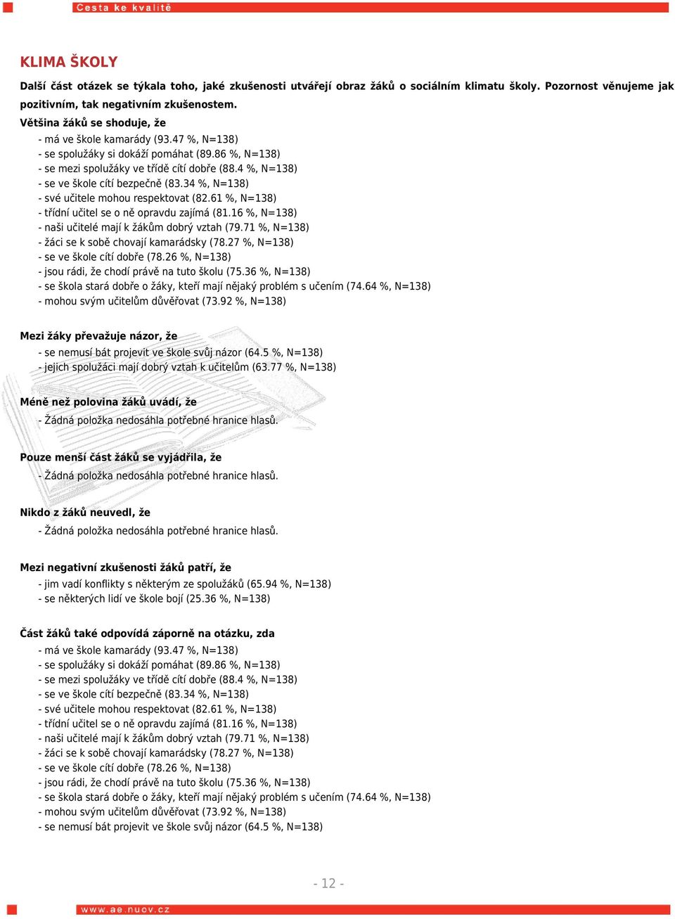 4 %, N=138) - se ve škole cítí bezpečně (83.34 %, N=138) - své učitele mohou respektovat (82.61 %, N=138) - třídní učitel se o ně opravdu zajímá (81.