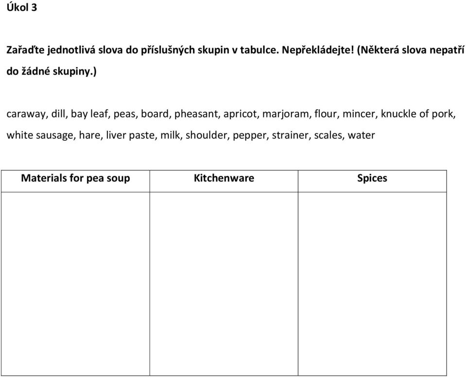 ) caraway, dill, bay leaf, peas, board, pheasant, apricot, marjoram, flour, mincer,