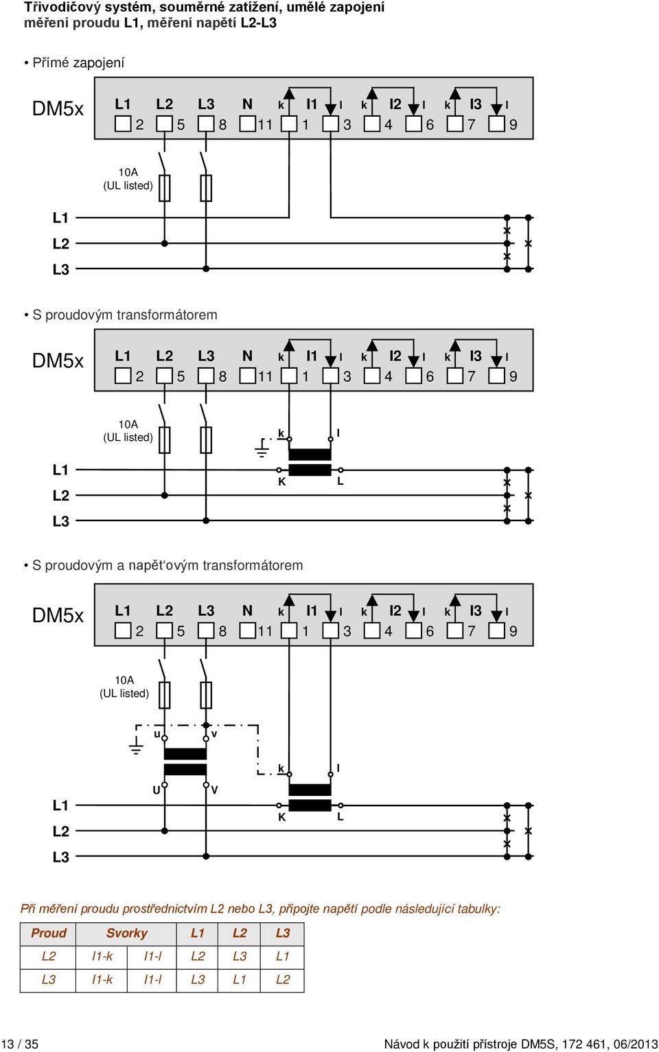 transformátorem 1 2 3 N I1 I2 I3 ( isted) u v 1 2 V 3 Při měření proudu prostřednictvím 2 nebo 3, připojte napětí
