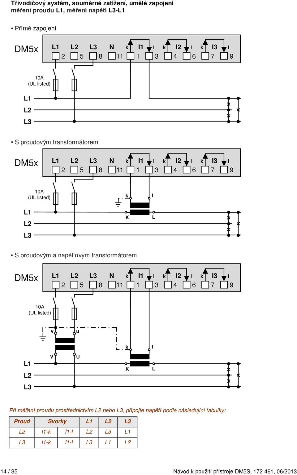 transformátorem 1 2 3 N I1 I2 I3 ( isted) v u 1 2 V 3 Při měření proudu prostřednictvím 2 nebo 3, připojte napětí