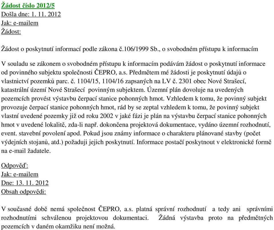 č. 1104/15, 1104/16 zapsaných na LV č. 2301 obec Nové Strašecí, katastrální území Nové Strašecí povinným subjektem.