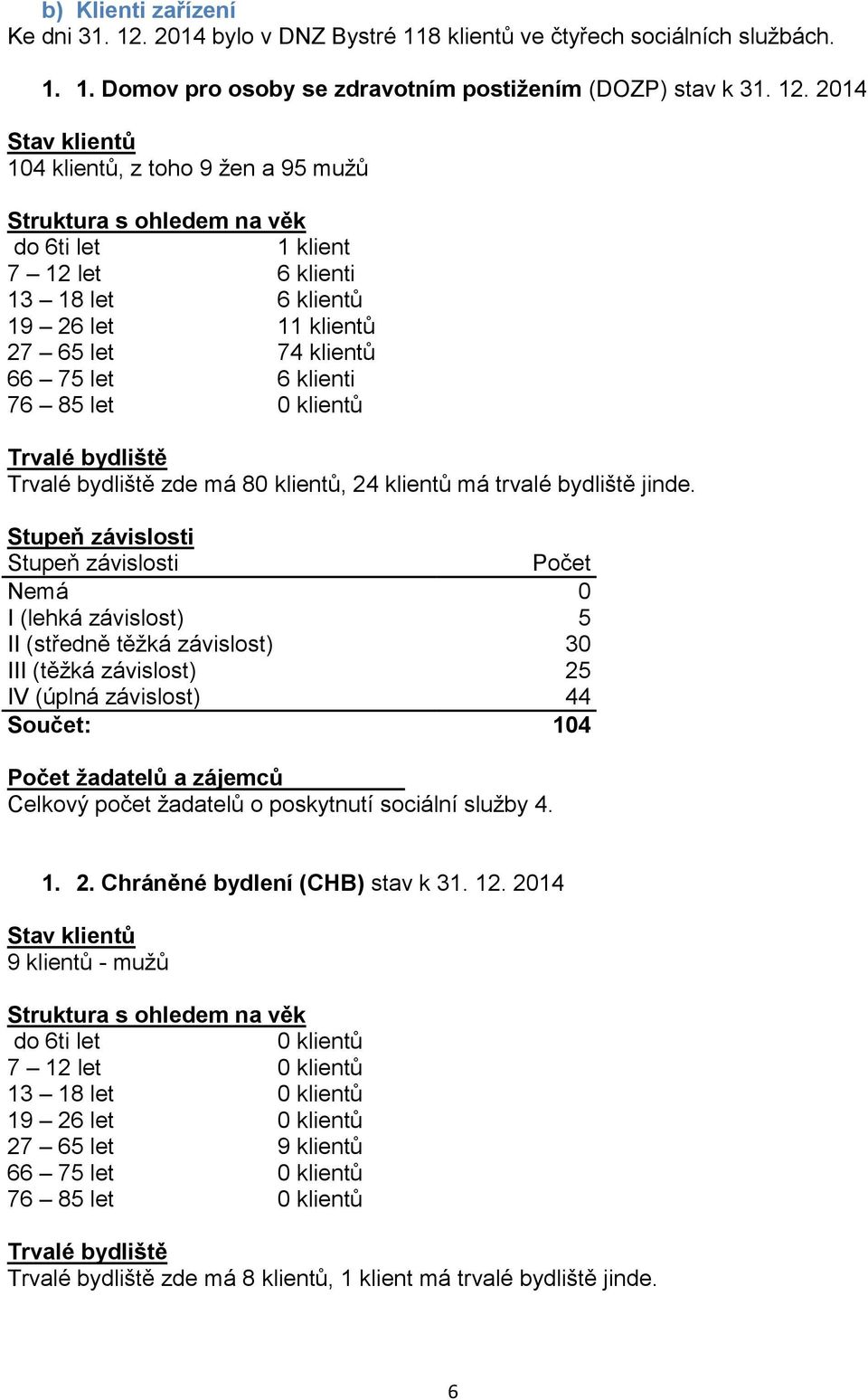 2014 Stav klientů 104 klientů, z toho 9 žen a 95 mužů Struktura s ohledem na věk do 6ti let 1 klient 7 12 let 6 klienti 13 18 let 6 klientů 19 26 let 11 klientů 27 65 let 74 klientů 66 75 let 6