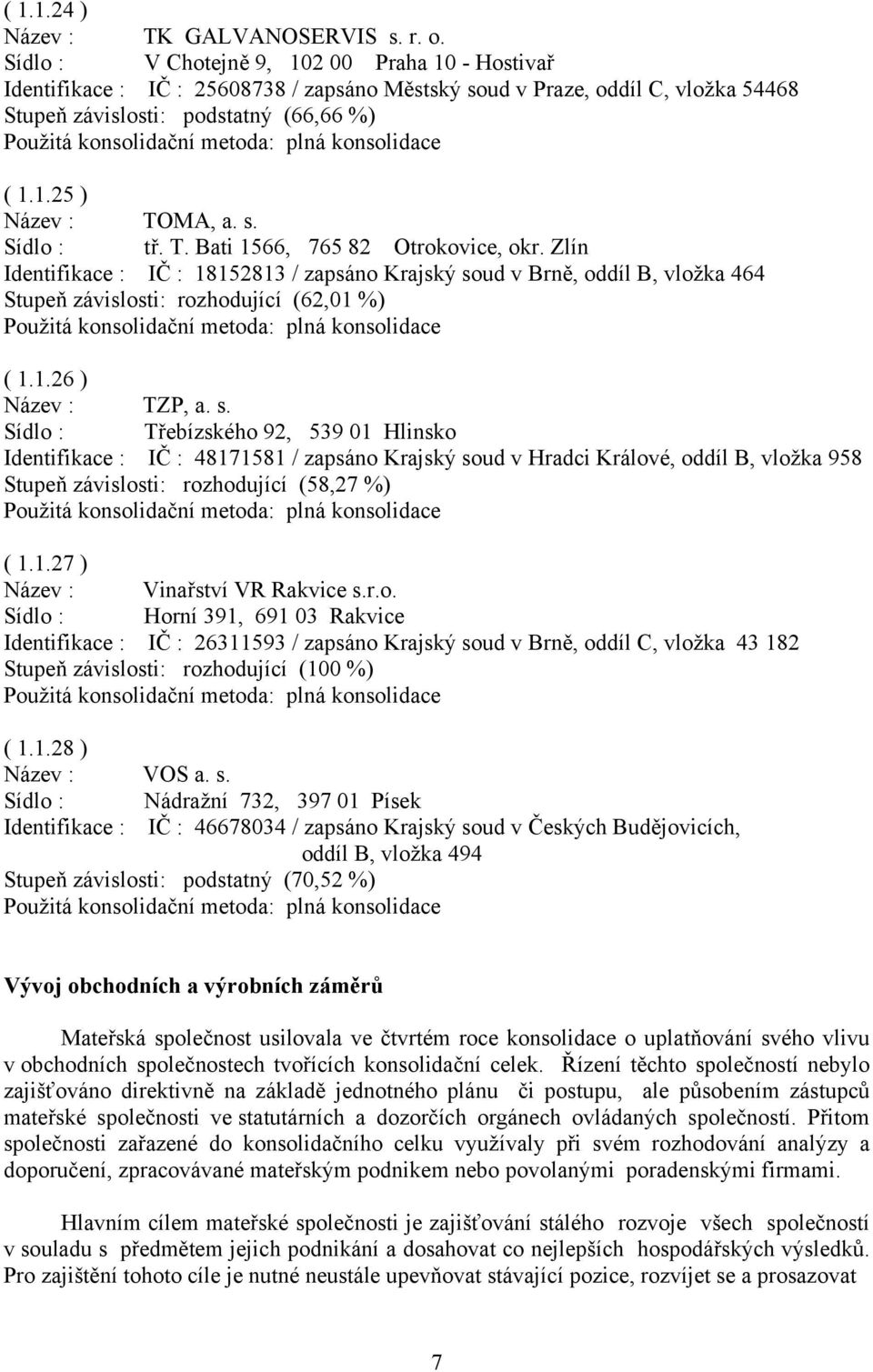 s. Sídlo : tř. T. Bati 1566, 765 82 Otrokovice, okr. Zlín Identifikace : IČ : 18152813 / zapsáno Krajský soud v Brně, oddíl B, vložka 464 Stupeň závislosti: rozhodující (62,01 %) ( 1.1.26 ) Název : TZP, a.