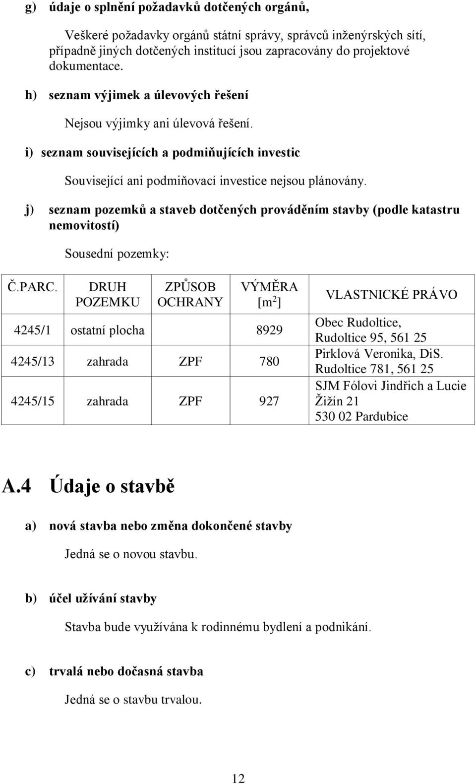 j) seznam pozemků a staveb dotčených prováděním stavby (podle katastru nemovitostí) Sousední pozemky: Č.PARC.