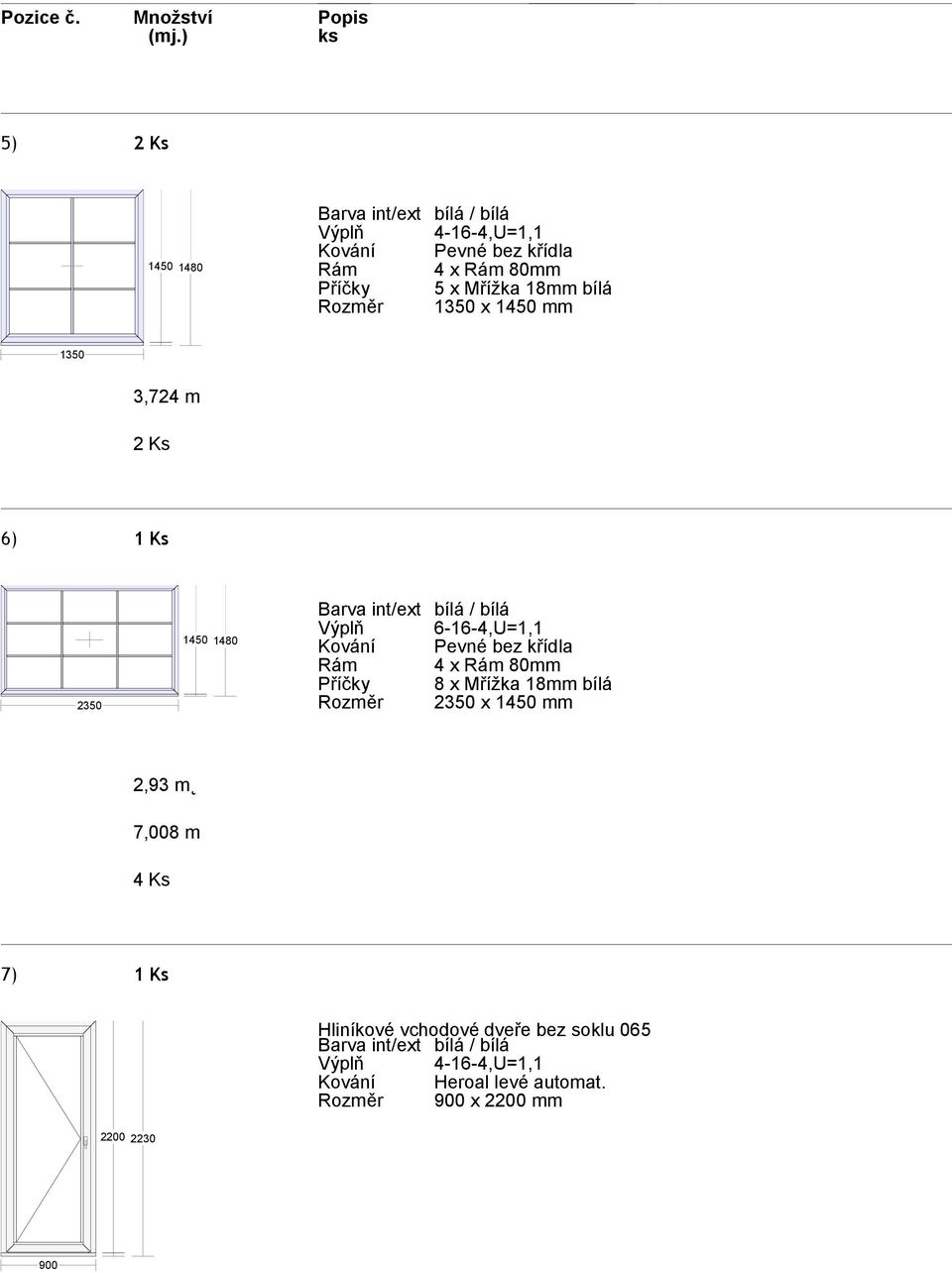 křídla Příčky 8 x Mřížka 18mm bílá 2350 x 1450 mm 2,93 m 7,008 m 4 Ks 7) 1 Ks