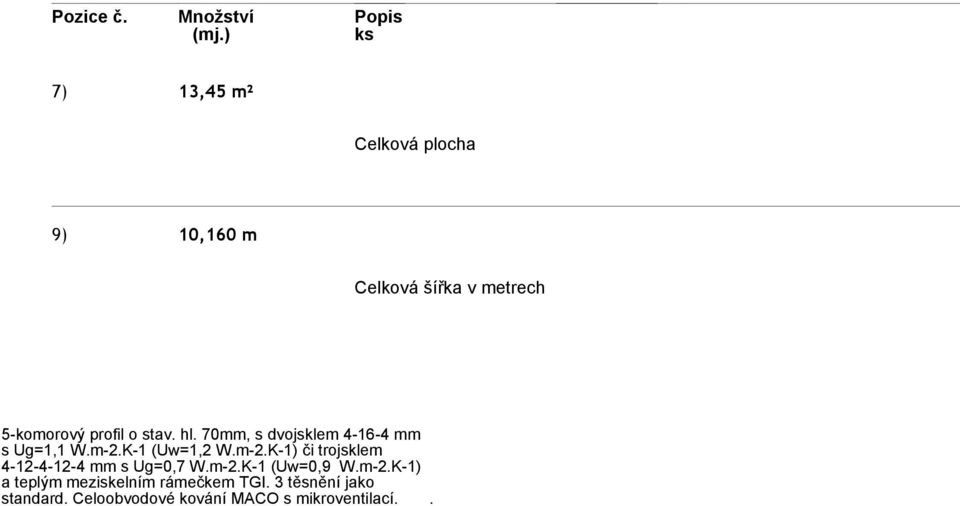 K-1 (Uw=1,2 W.m-2.K-1) či trojsklem 4-12-4-12-4 mm s Ug=0,7 W.m-2.K-1 (Uw=0,9 W.