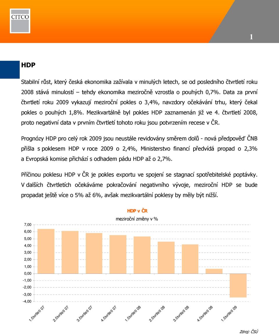 čtvrtletí 2008, proto negativní data v prvním čtvrtletí tohoto roku jsou potvrzením recese v ČR.