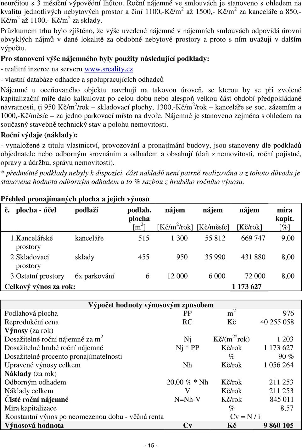 Průzkumem trhu bylo zjištěno, že výše uvedené nájemné v nájemních smlouvách odpovídá úrovni obvyklých nájmů v dané lokalitě za obdobné nebytové prostory a proto s ním uvažuji v dalším výpočtu.