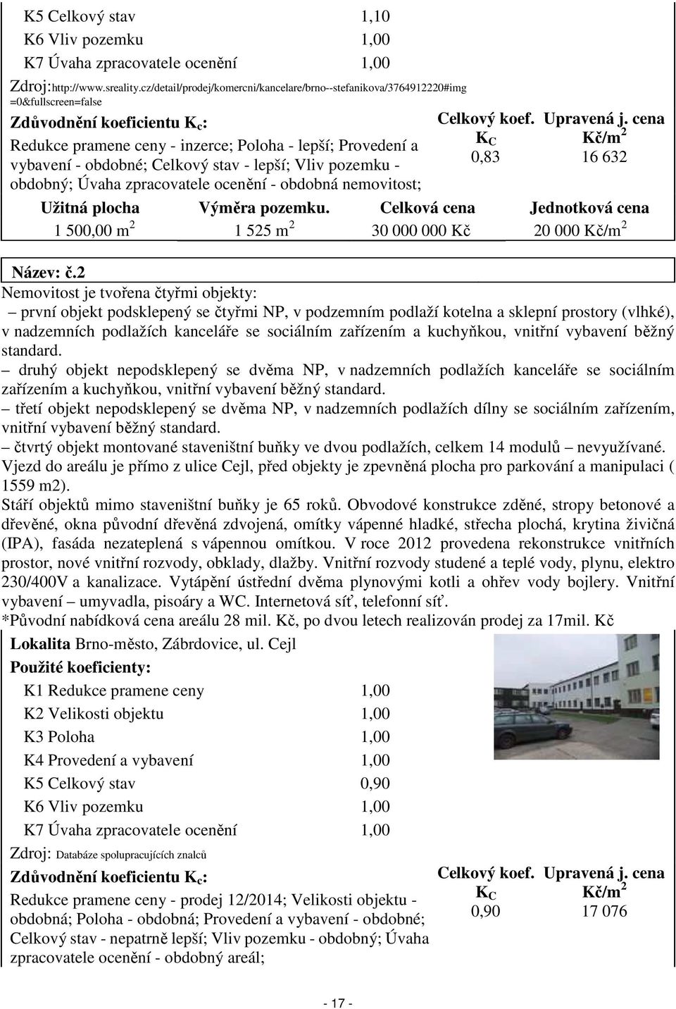 Celkový stav - lepší; Vliv pozemku - obdobný; Úvaha zpracovatele ocenění - obdobná nemovitost; Celkový koef. K C 0,83 Upravená j. cena Kč/m 2 16 632 Užitná plocha Výměra pozemku.