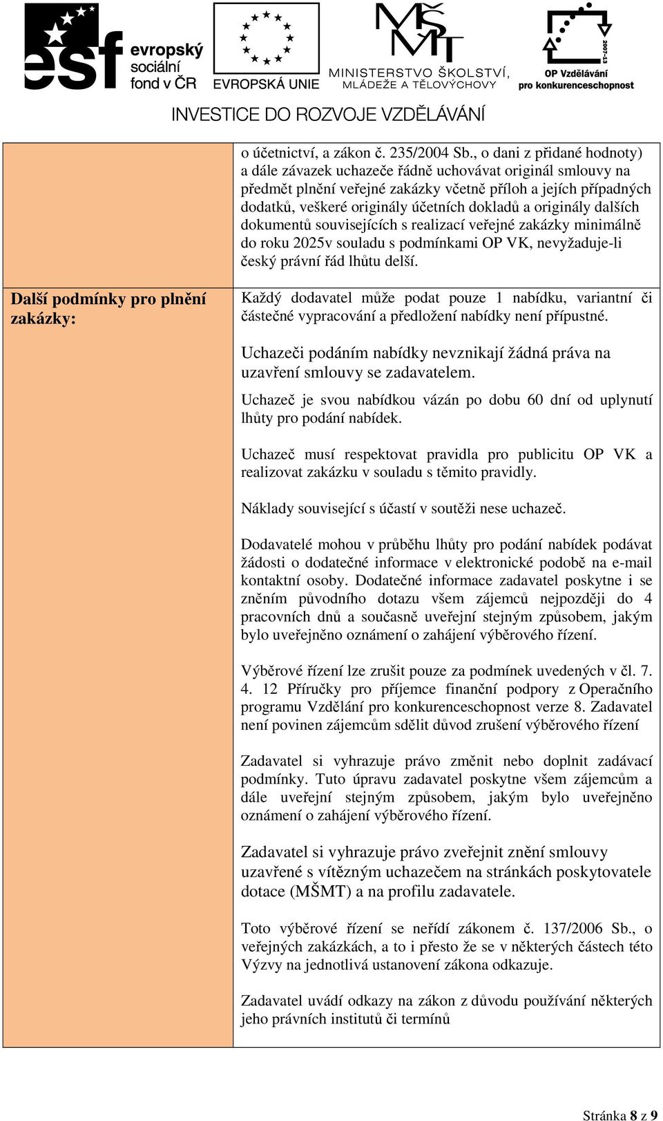 originály dalších dokumentů souvisejících s realizací veřejné zakázky minimálně do roku 2025v souladu s podmínkami OP VK, nevyžaduje-li eský právní řád lhůtu delší.