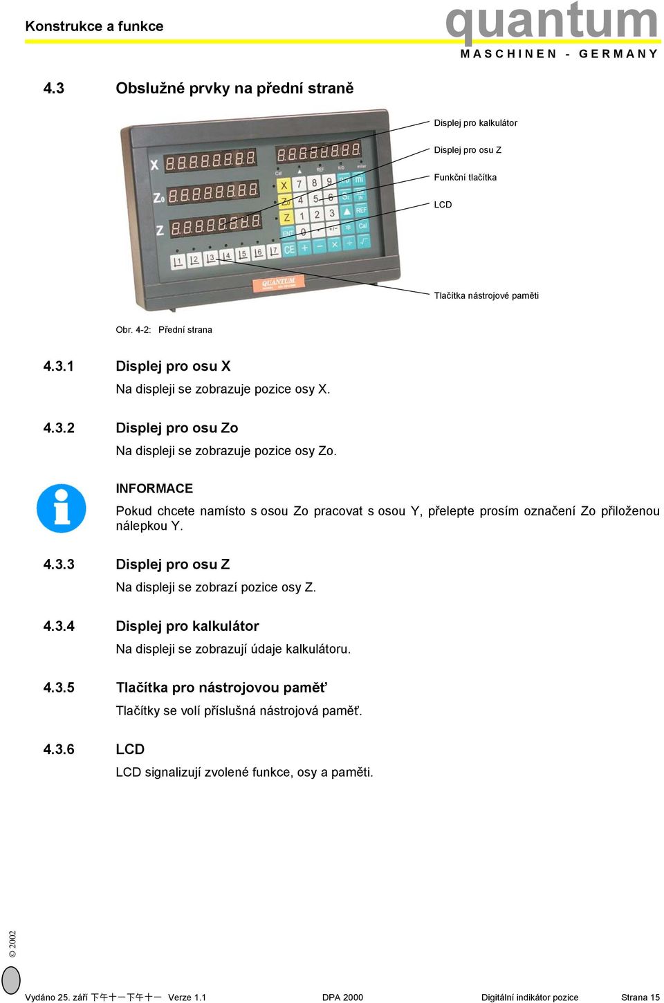 4.3.4 Displej pro kalkulátor Na displeji se zobrazují údaje kalkulátoru. 4.3.5 Tlačítka pro nástrojovou paměť Tlačítky se volí příslušná nástrojová paměť. 4.3.6 LCD LCD signalizují zvolené funkce, osy a paměti.