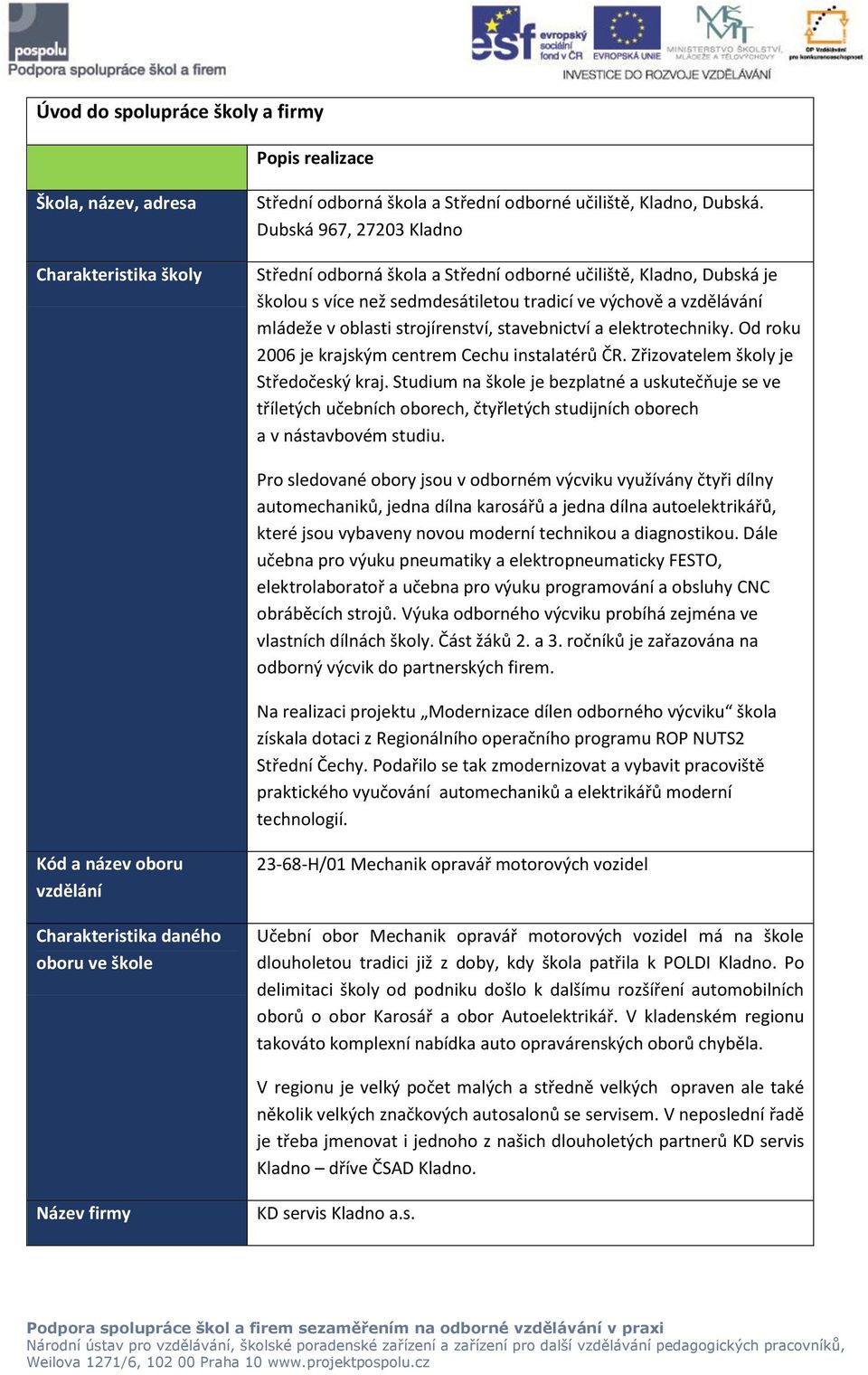 stavebnictví a elektrotechniky. Od roku 2006 je krajským centrem Cechu instalatérů ČR. Zřizovatelem školy je Středočeský kraj.