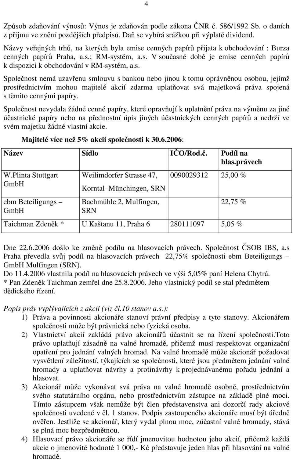 s. Společnost nemá uzavřenu smlouvu s bankou nebo jinou k tomu oprávněnou osobou, jejímž prostřednictvím mohou majitelé akcií zdarma uplatňovat svá majetková práva spojená s těmito cennými papíry.