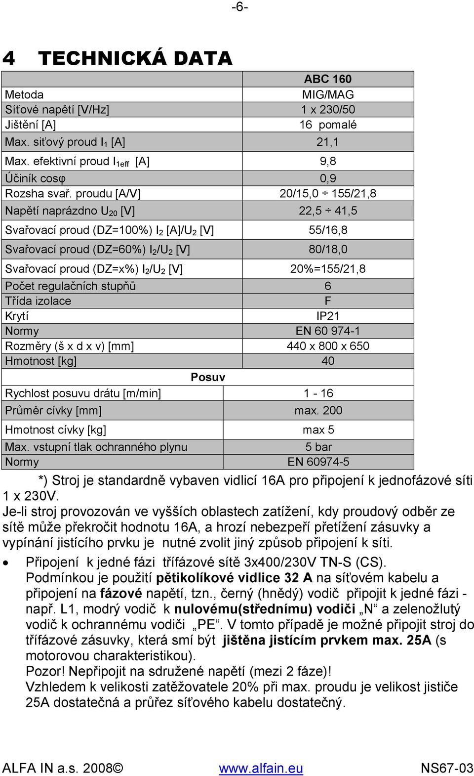 20%=155/21,8 Počet regulačních stupňů 6 Třída izolace F Krytí IP21 Normy EN 60 974-1 Rozměry (š x d x v) [mm] 440 x 800 x 650 Hmotnost [kg] 40 Posuv Rychlost posuvu drátu [m/min] 1-16 Průměr cívky