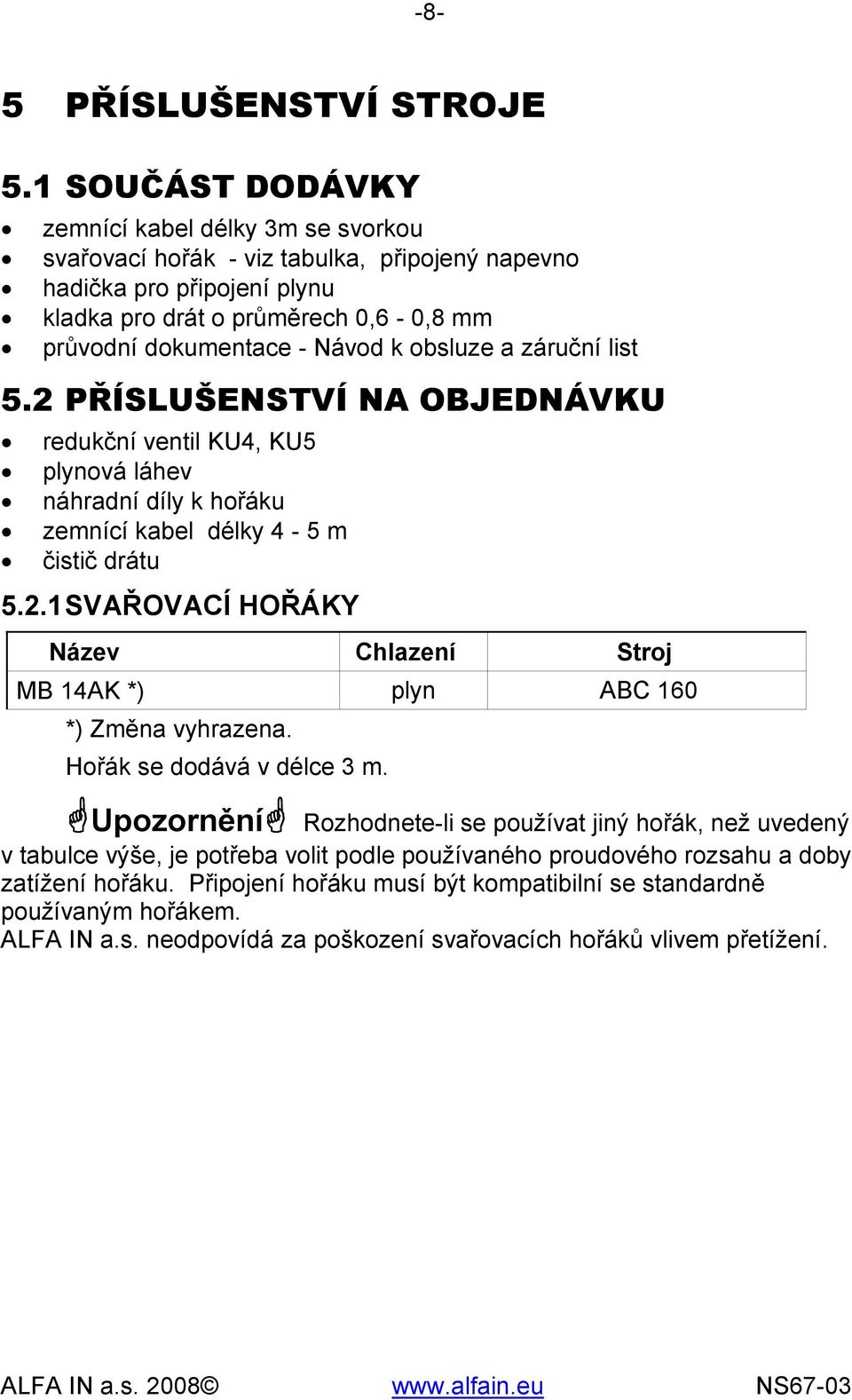 obsluze a záruční list 5.2 PŘÍSLUŠENSTVÍ NA OBJEDNÁVKU redukční ventil KU4, KU5 plynová láhev náhradní díly k hořáku zemnící kabel délky 4-5 m čistič drátu 5.2.1 SVAŘOVACÍ HOŘÁKY Název Chlazení Stroj MB 14AK *) plyn ABC 160 *) Změna vyhrazena.